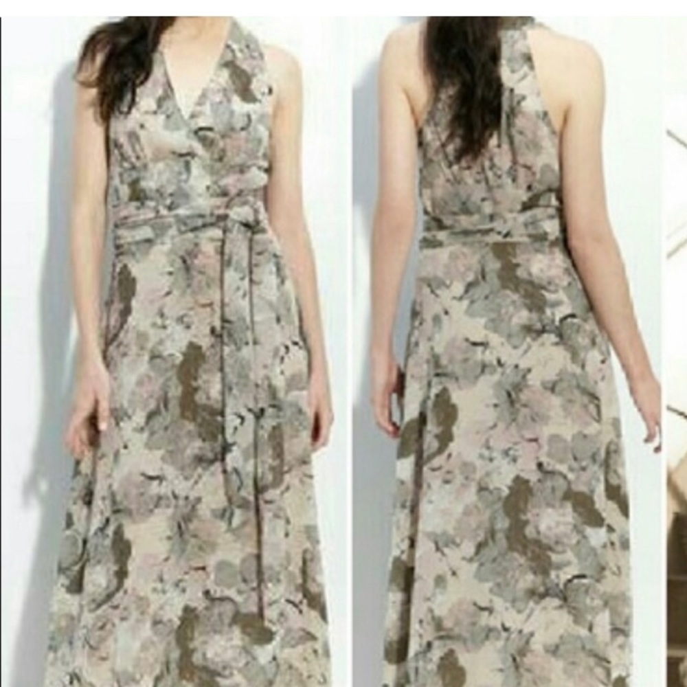 New Nordstrom Hinge Sage Painterly Floral Halter 100% silk waist tiefull…
